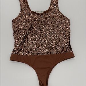 Francescas Sequin Bodysuit Brown Womens Size Large Party Cocktail Disco Festival